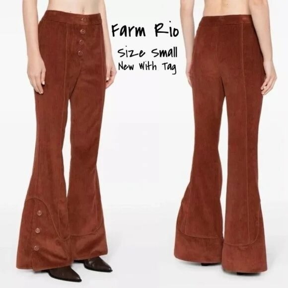 Farm Rio Women's High-Waisted Brown Corduroy Flared Trousers, Size Small New - Picture 1 of 3